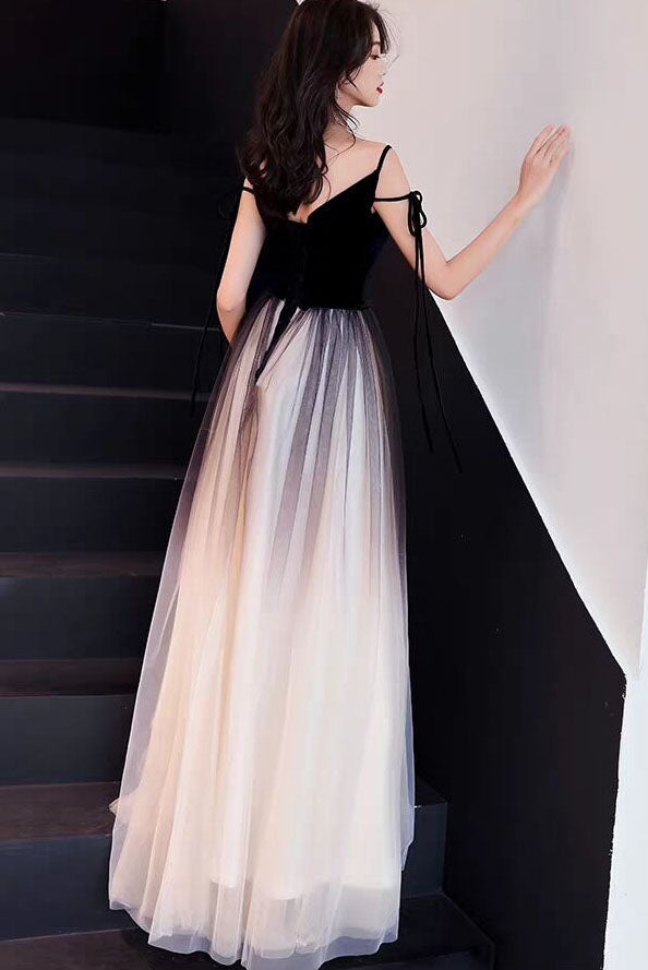 Black Top Ombre Tulle Long Prom Dress Unique V Neck Sleeveless Party 0229