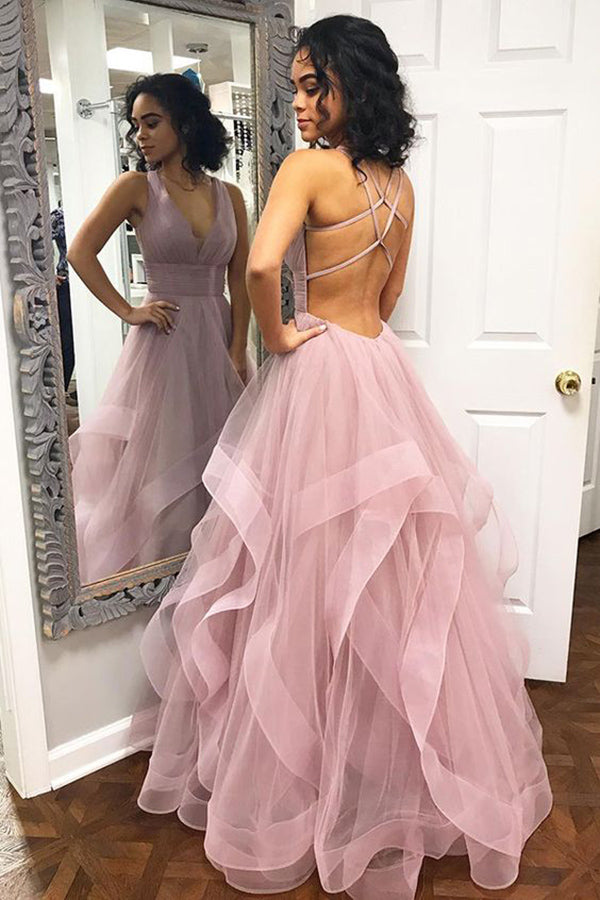 Sexy Deep V Neck Ruffled Long Prom Dress With Criss Cross Back Long Party Dress N1490 0047