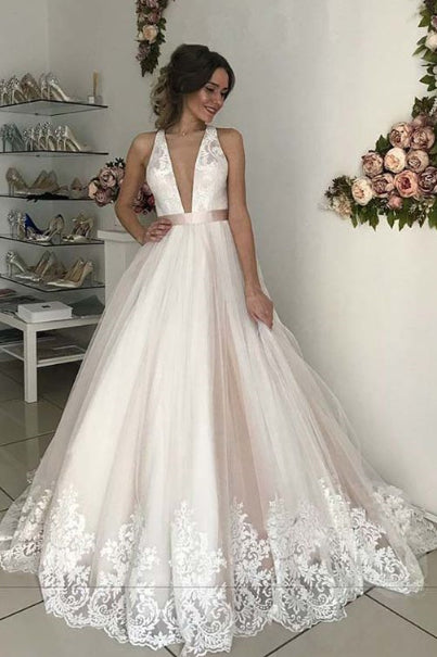Romantic Wedding Dress, Long V-Neck Tulle Open Back Prom Gown with Lace ...