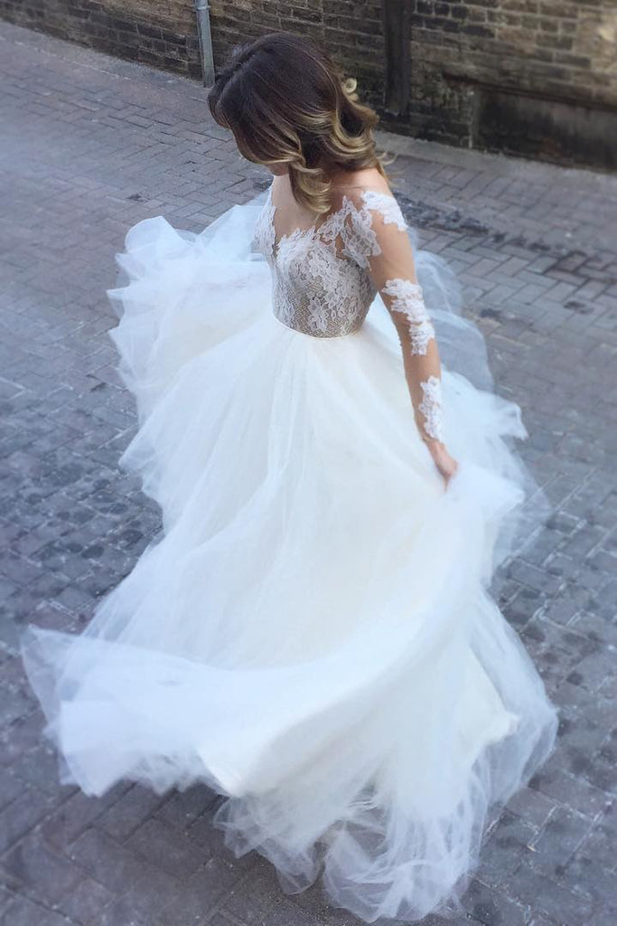 Ivory Sheer Long Sleeves Tulle Beach Wedding Dress