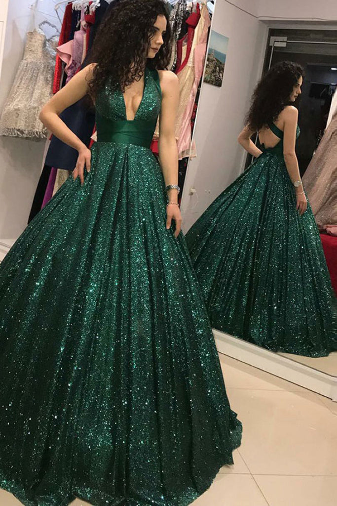 Shinny V Neck Green Sequined Ball Gown Long Prom Dresses, Quinceanera ...