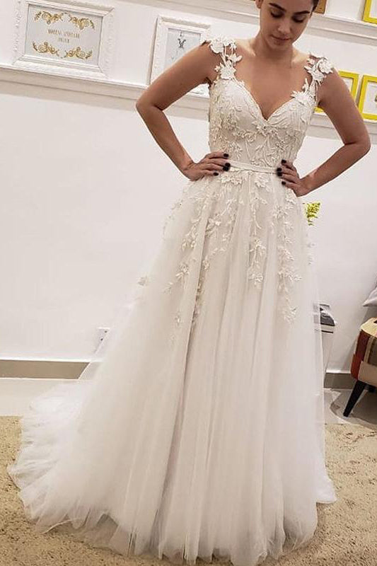 Simple Tulle Lace Illusion Back A Line Wedding Dresses A Line V Neck Bridal Dress N1792 4136