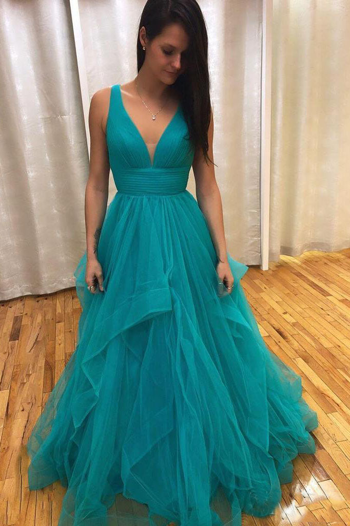 Teal Simple V Neck Long Prom Dresses with Straps and Ruffle Skirt ...