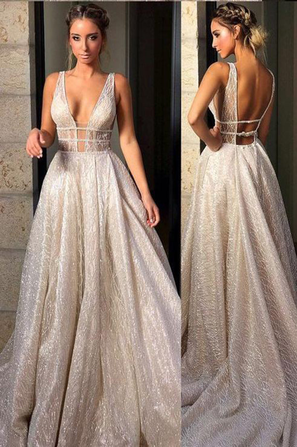 Sexy Sparkly Deep V Neck Sequin Prom Dresses, Wedding Dress Bridal Gown