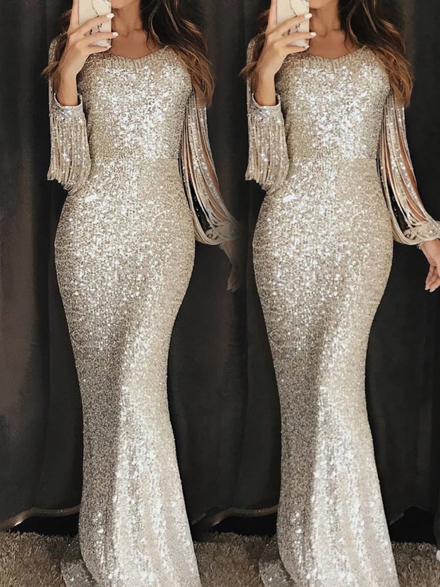 Mermaid Long Tassel Sleeve Sequin Prom Dresses N2325 – Simibridaldresses