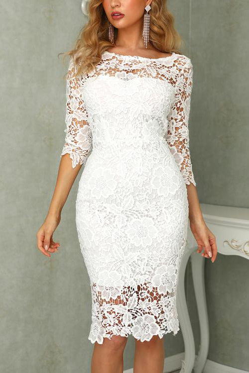 White Knee Length Lace Short Formal Dresses, Half Sheath Lace ...