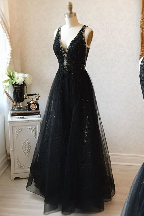 V-Neck Black Floor Length Long Prom Dresses Modest Party Gowns Y0024 ...
