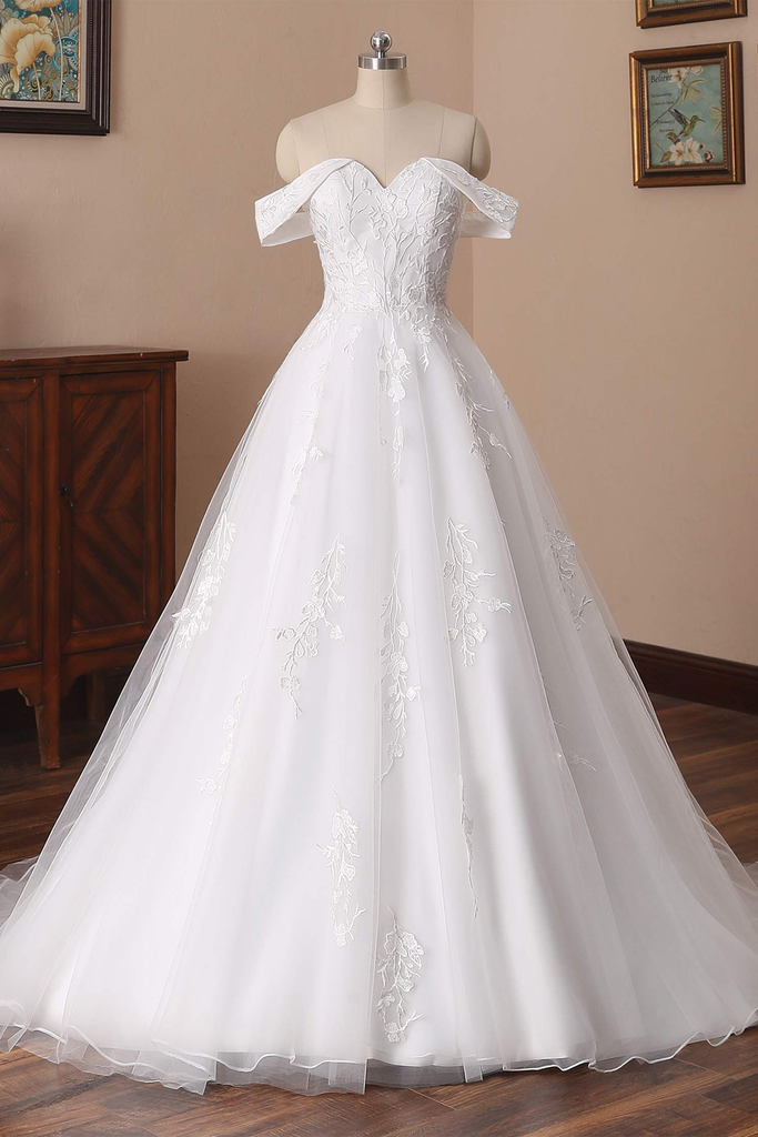 Charming Off The Shoulder Long A Line Tulle Wedding Dresses With Lace ...