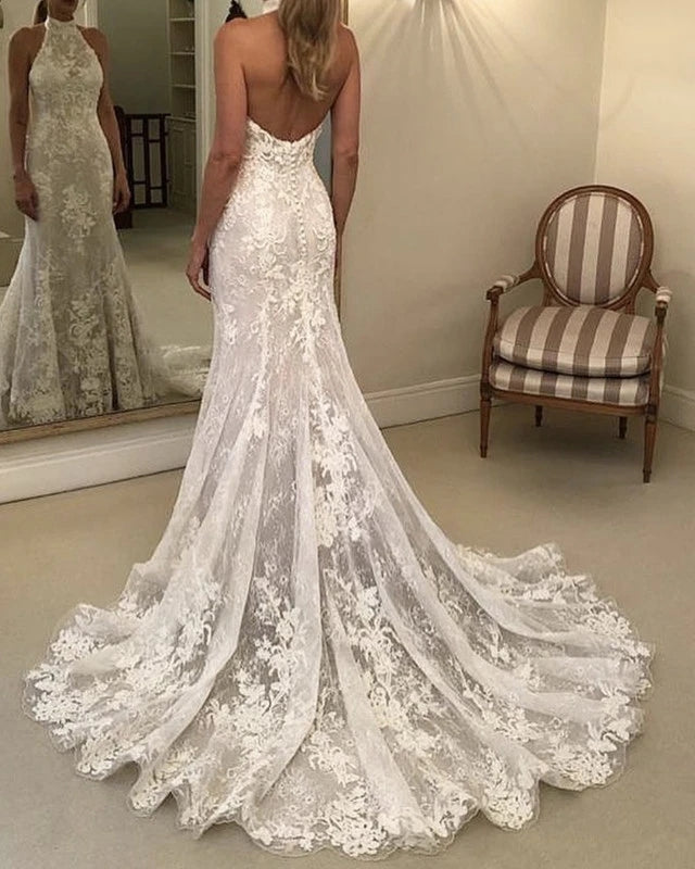 Charming Halter Backless Long Lace Wedding Dresses Bridal Gowns Y0170 ...