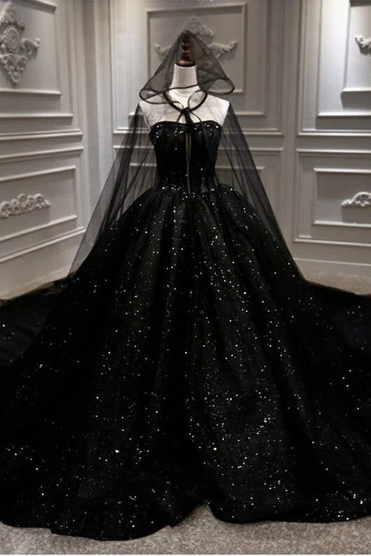 Sequin Shiny Strapless Black Ball Gown Princess Prom Dresses Y0171 ...