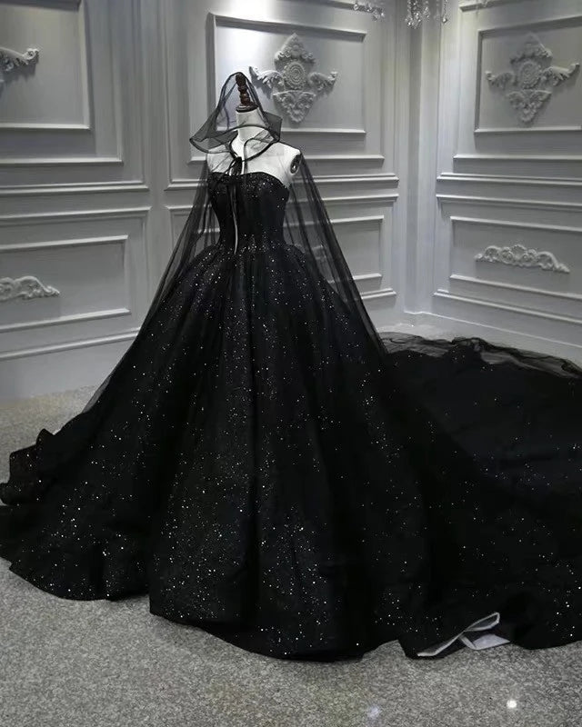 Sequin Shiny Strapless Black Ball Gown Princess Prom Dresses Y0171 ...