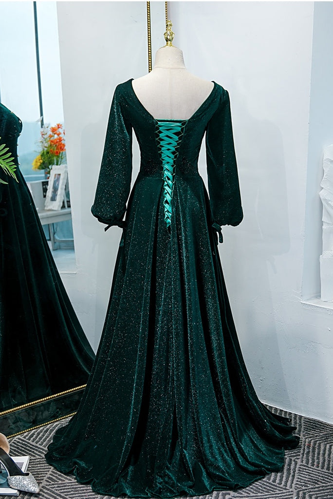 Vintage Long Sleeves V-Neck Green Velvet Long Prom Dress Y0359 ...