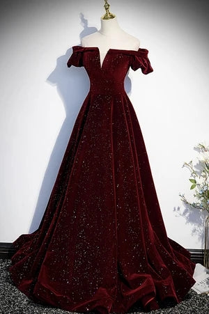 Charming Off The Shoulder Burgundy Shiny Long Prom Dresses Y0413 ...