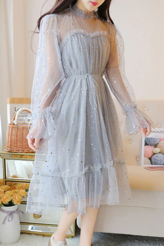 Sparkly Star Long Sleeves Tulle Homecoming Dresses, Charming Short Prom ...