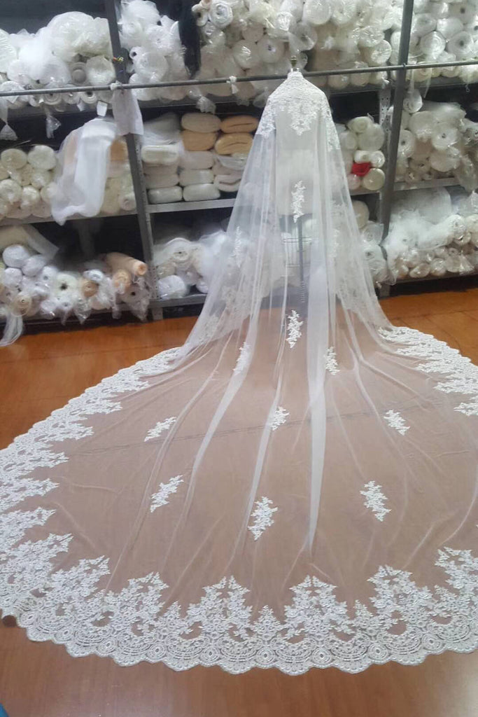 One Layer Tulle Bridal Veils with Lace Applique Edge, Ivory Wedding ...