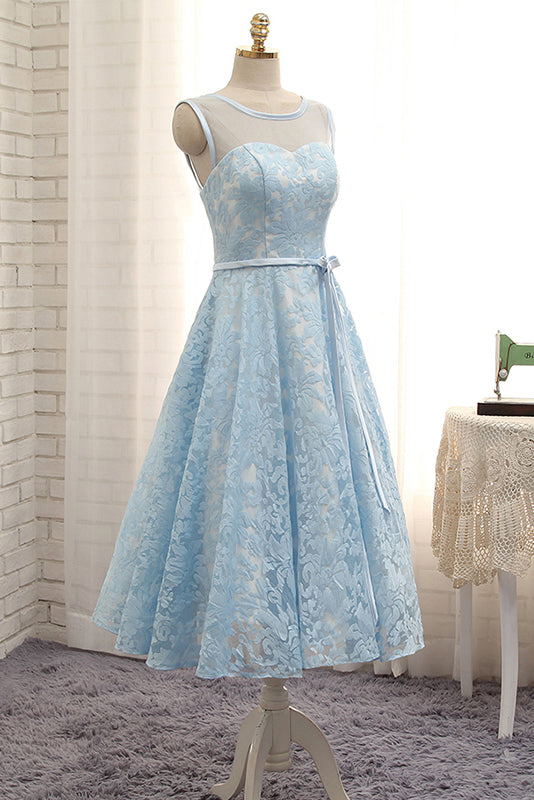 Tea Length A Line Light Blue Lace Homecoming Dress with Belt, Tea ...