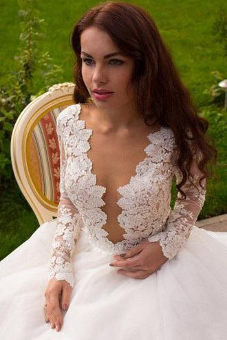  Boho  Puffy Tulle Bridal  Dress  with Lace Long Sleeves 