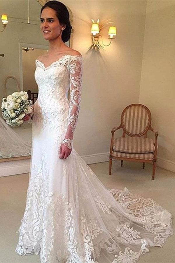 White Long Sleeves Off the Shoulder Mermaid Lace Beach Wedding Dress ...