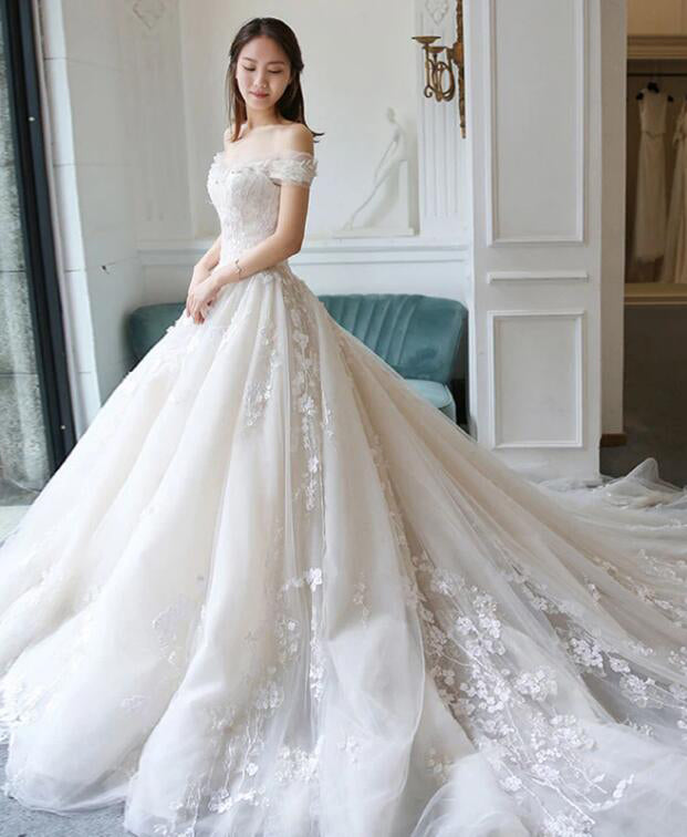 Ball Gown Off the Shoulder Lace Appliqued Wedding Dresses Ivory Bridal ...