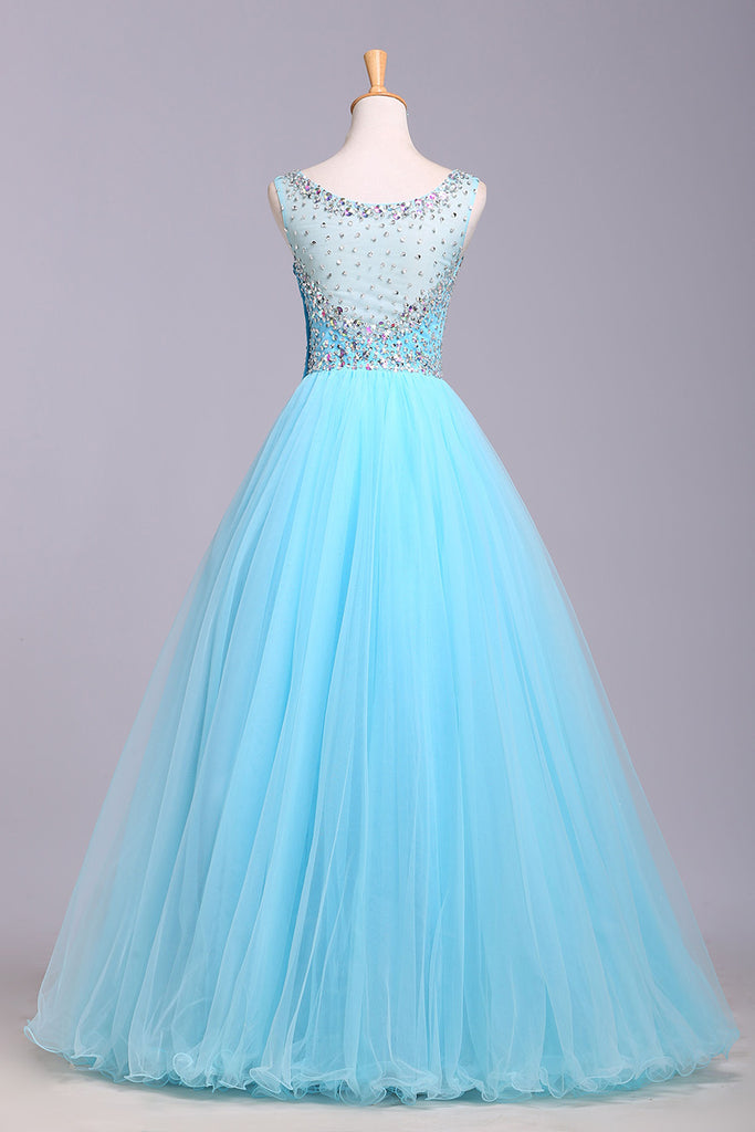 Blue Scoop Sleeveless Tulle Prom Dress with Sequins, Floor Length Puffy ...