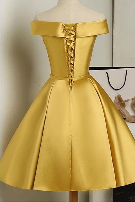 Simple Off The Shoulder Satin Short Prom Dress With Bowknot A Line Homecoming Dress 