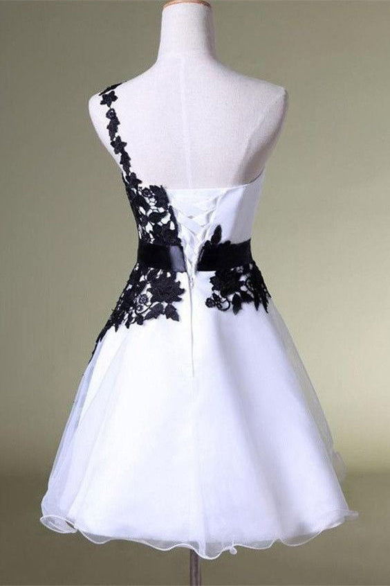 One Shoulder White Homecoming Dress with Black Lace, Knee Length Party ...