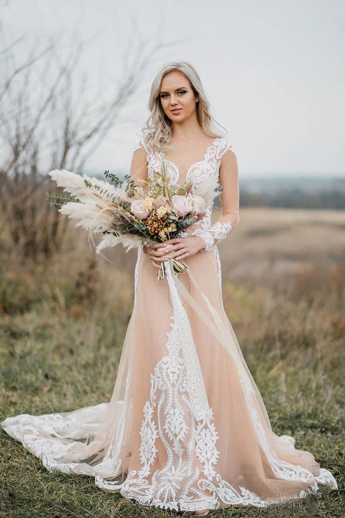 Elegant Long Sleeves Boho Wedding Dress With Lace Appliques N2527