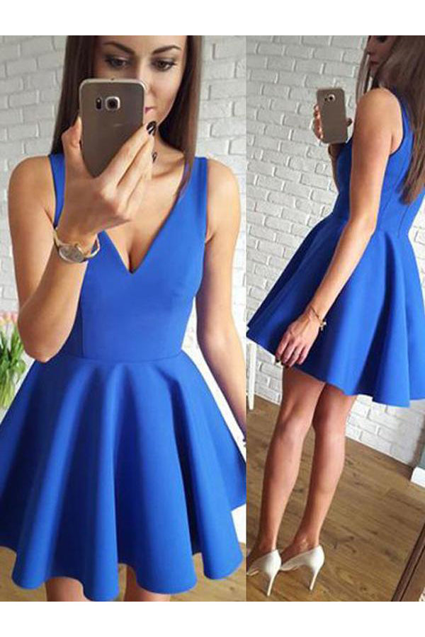 Royal Blue A Line V-Neck Short Homecoming Dress with Ruched, Mini Prom ...