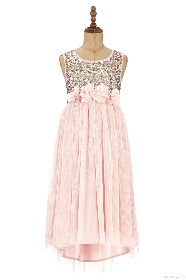 Blush Flower Sash Tea Length Tulle Flower Girl Dress with Sequin ...