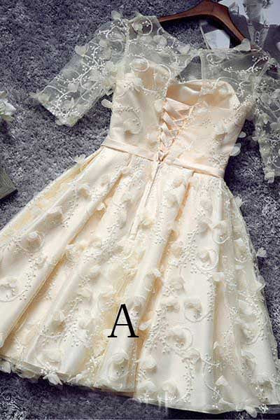 Princess Half Sleeves Homecoming Dress with Flowers,Champagne dress ...