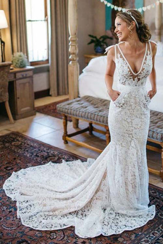 Mermaid Deep V Neck Wedding Dress Lace Sleeveless Beach Wedding