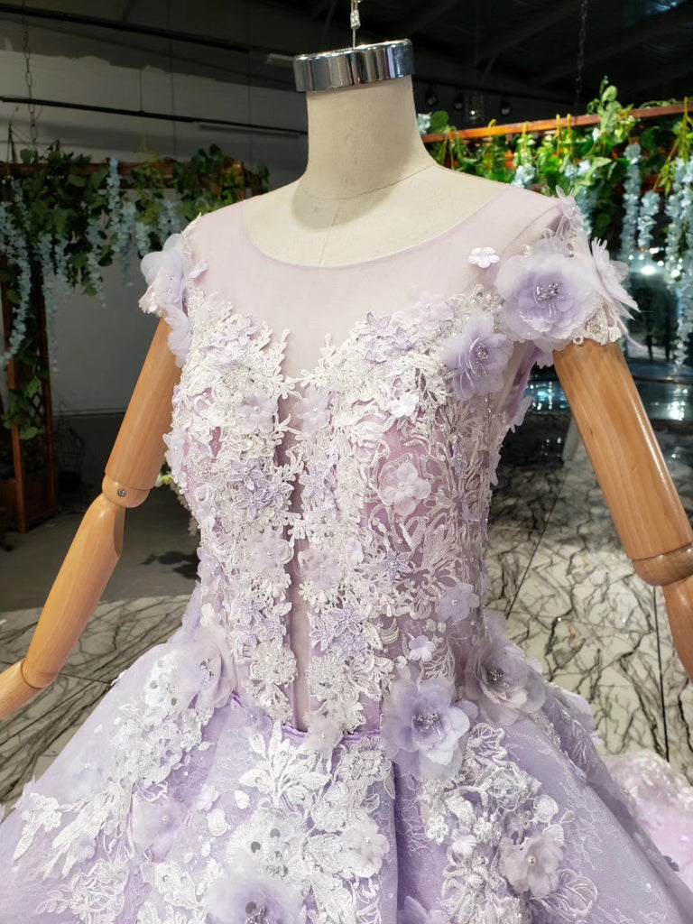 Lilac Ball Gown Short Sleeve Prom Dresses with Flowers Gorgeous Quince ...