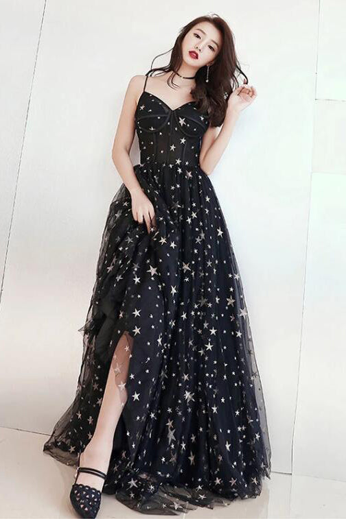 Black Spaghetti Straps Tulle Prom Dresses with Stars, Floor Length Lon