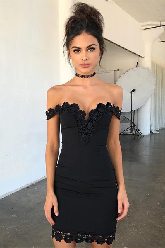 Black Off The Shoulder Sheath Short Formal Dresses Sexy Homecoming Dress With Lace N1898 