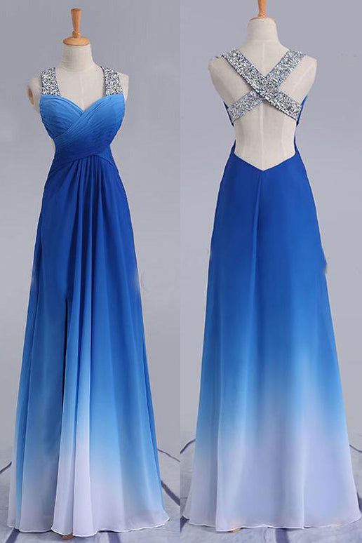 Elegant Beading Straps Cross Back Gradient Blue Ombre Prom Dress Long Bridesmaid Dress N1603 3305