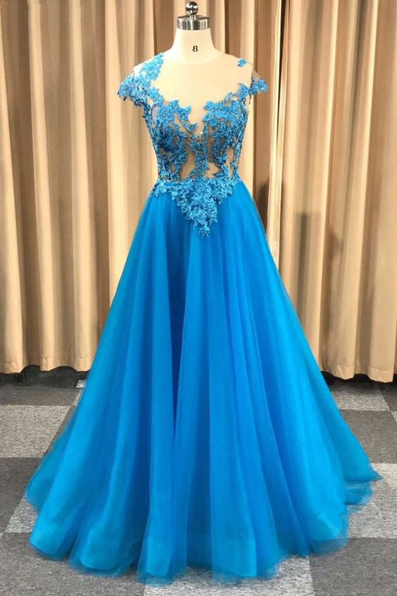 Blue Sheer Neck Appliqued Tulle Prom Gowns, A Line Cap Sleeves Long ...