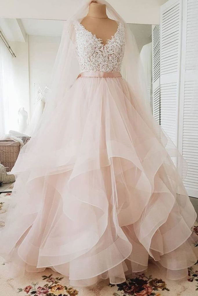 Blush Pink Lace Wedding Dress Multi Layered Wedding Gowns With Ribbon Simibridaldresses 
