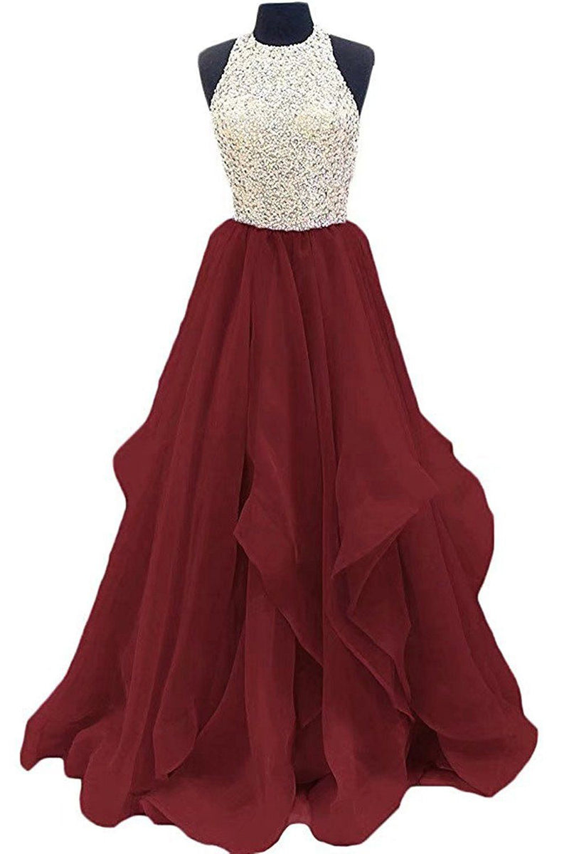 Burgundy Organza Floor Length Prom Dress with Sequins,Graduation Dress ...