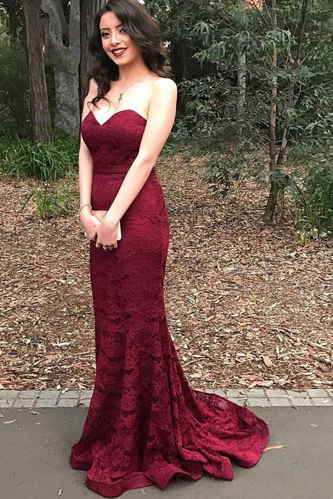 Burgundy Lace Prom Dress Mermaid Sweetheart Strapless Lace Evening 