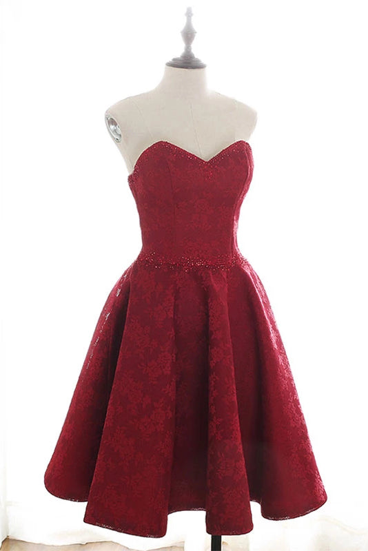 Burgundy Sweetheart Lace Homecoming Dress, A Line Sleeveless Short Prom ...