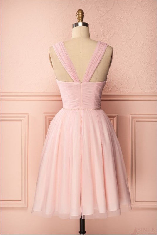 Pink Vintage Straps Tulle Knee Length Homecoming Dress, Straps ...