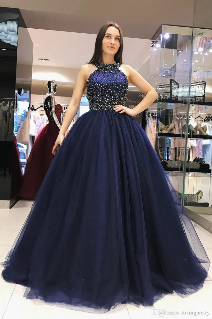 Sparkly Dark Blue Ball Gown Sweet Beading Tulle Long Prom Dresses