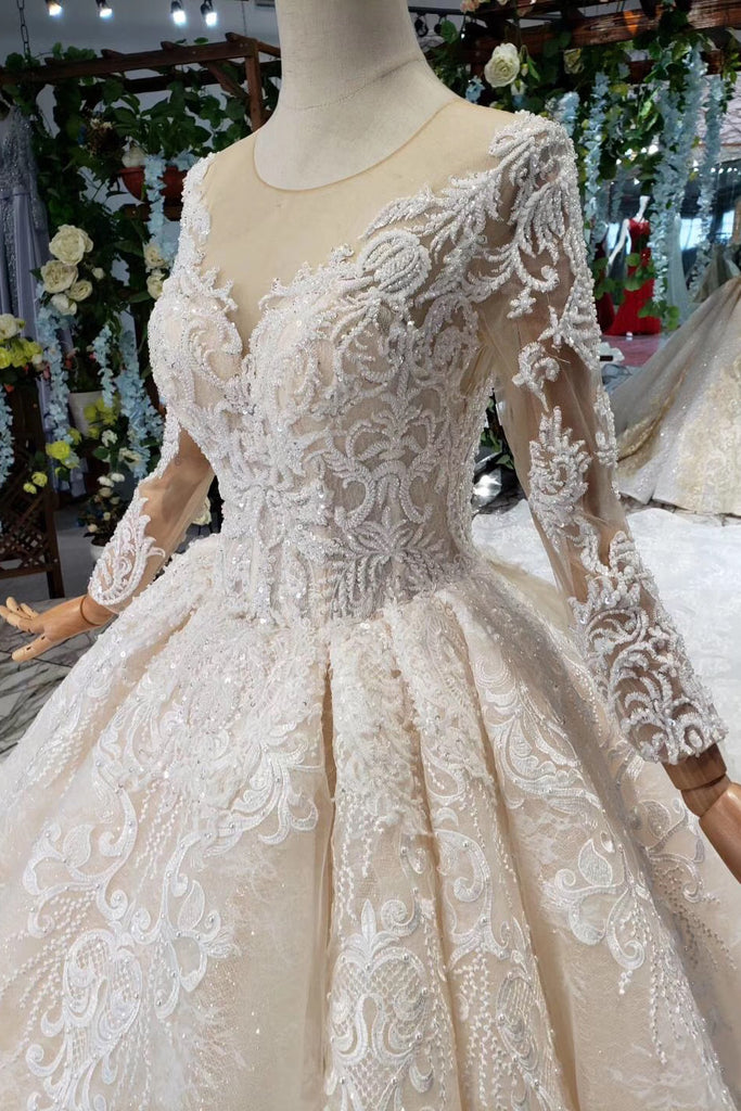 Princess Long Sleeves Sheer Neck Ball Gown Lace Wedding Dresses, Long ...