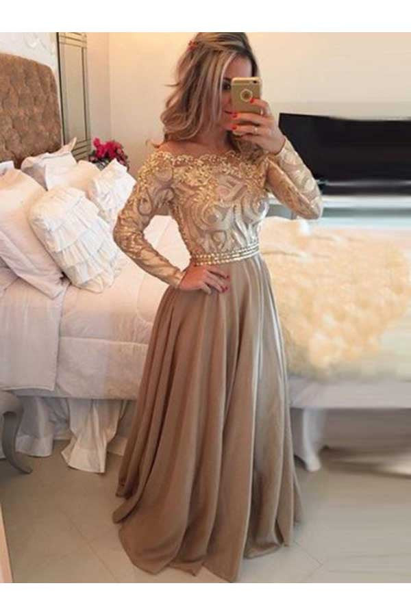 A Line Sheer Neckline Long Sleeves Prom Dresses Evening Dresses N04 ...