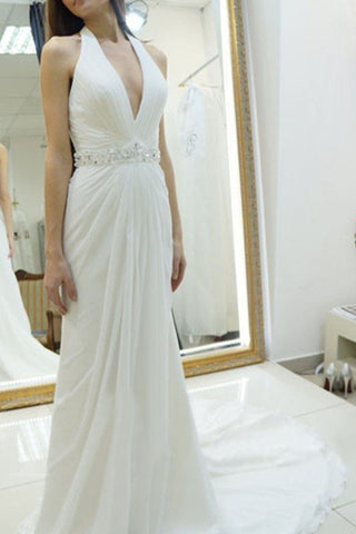 Chiffon A Line Halter Wedding Dress Backless Bridal Dress With Beads