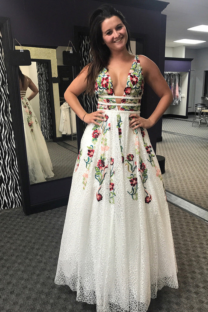 princess v neck floral embroidery long prom dress
