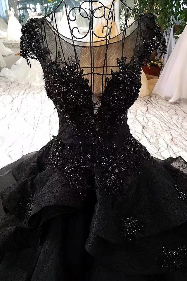 Gorgeous Black Ball Gown Wedding Dress with Cap Sleeves, Long Bridal ...