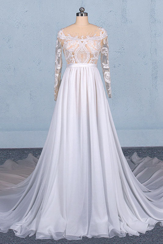 White Long Sleeves Chiffon Wedding Dress with Appliques, Gorgeous Long ...