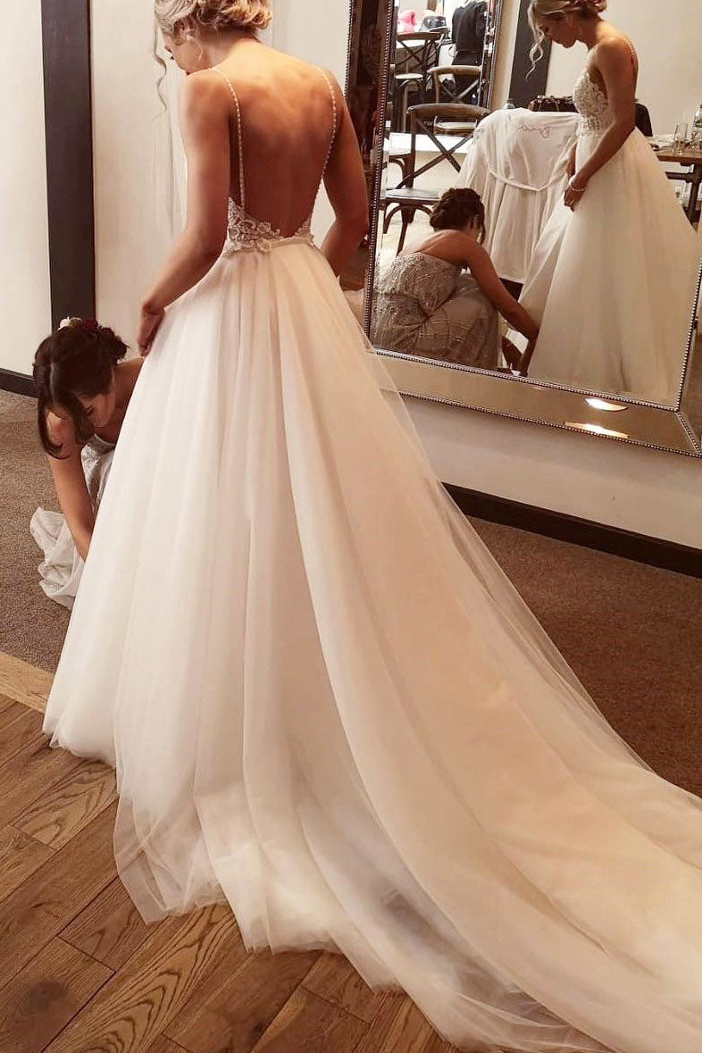 Ivory Backless Spaghetti Straps Tulle Beach Wedding Dresses Lace Appli ...