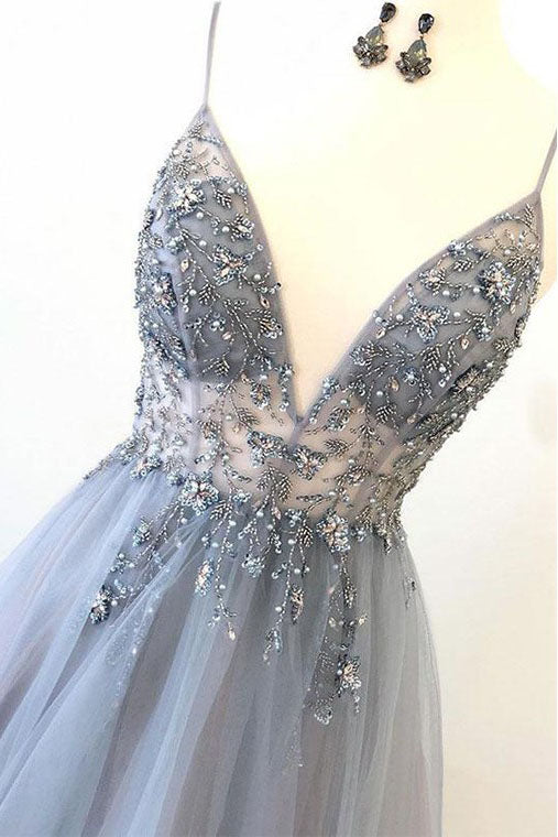 Spaghetti Straps V-Neck Tulle Prom Dresses with Appliques A Line Long ...